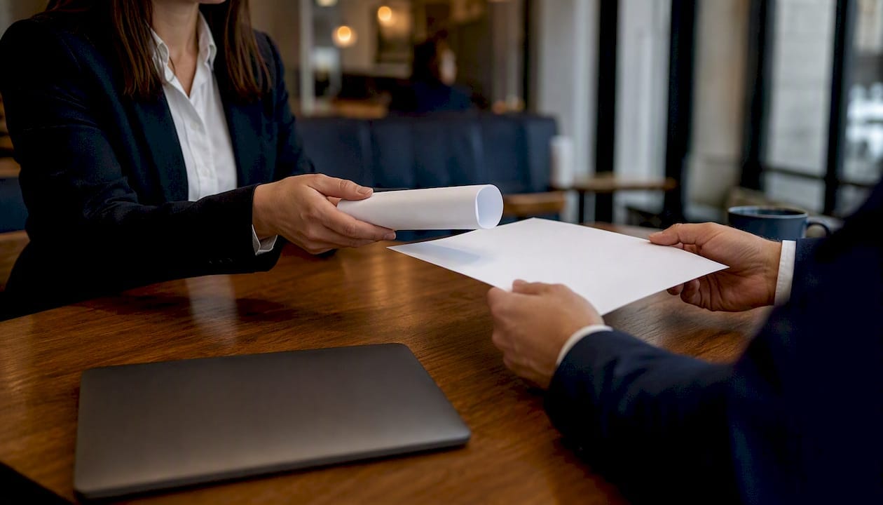 Hands exchanging employee contracts