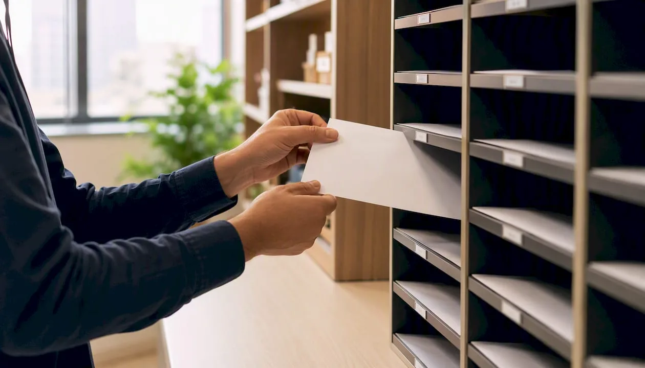 Hands sorting company mail in office mailroom