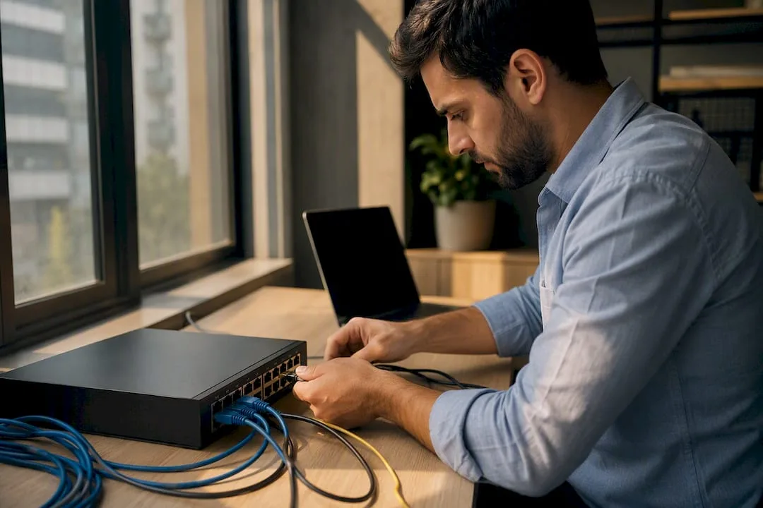Hands connecting cables to network router