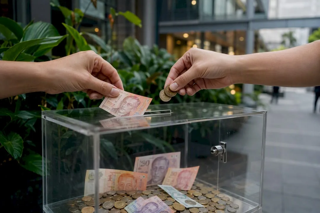 Hands depositing Singapore dollar currency in bank
