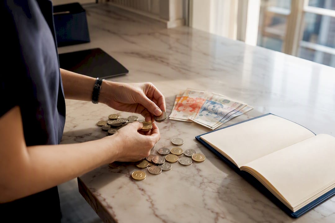 Hands counting coins and calculator on desk