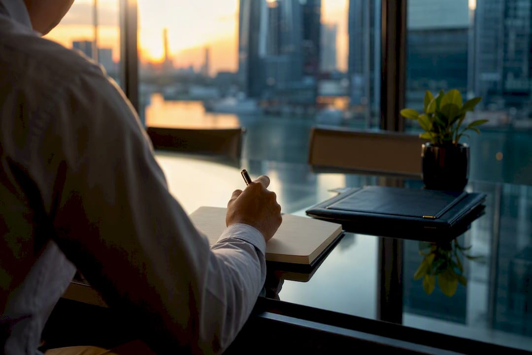 Hand ready to write in notebook at board meeting