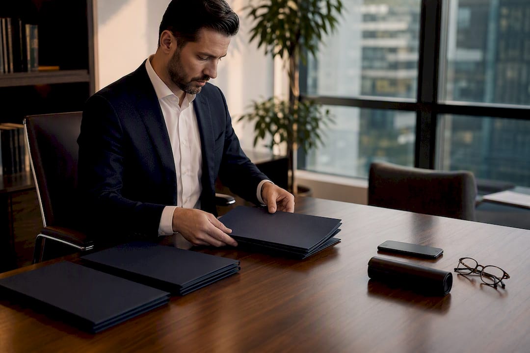 Hands organizing contract folders on desk
