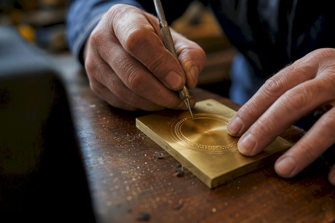 Hands engraving new company seal close-up