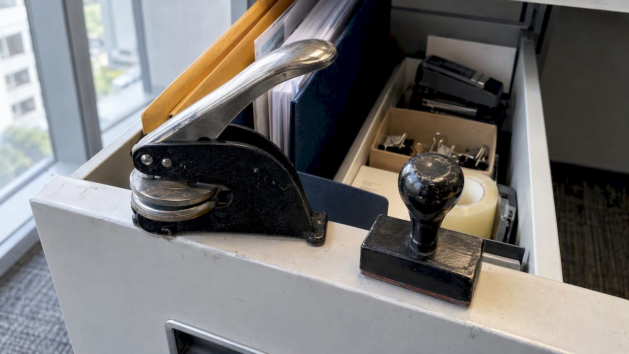 Common seal beside rubber company stamp